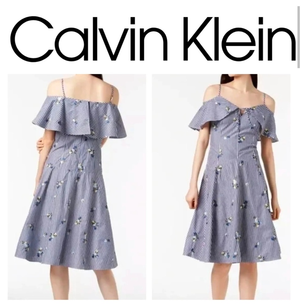 Calvin Klein Blue White Stripe Cold Shoulder Embroidered Floral A-Line Mid Dress